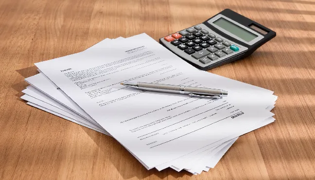image of loan documents, coins, and a calculator on a desk representing federal student loan repayment planning.