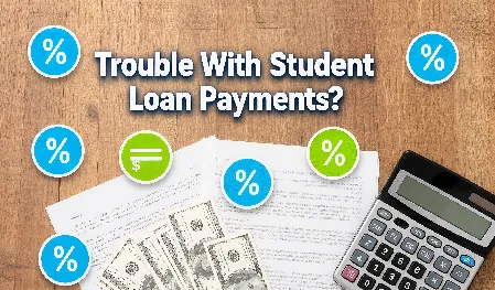 Calculator, student loan documents, and bills on a desk showing payment management for post-graduation loan assistance.