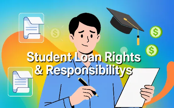 Student holding a document with icons of graduation cap and dollar signs, representing federal student loan rights and responsibilities
