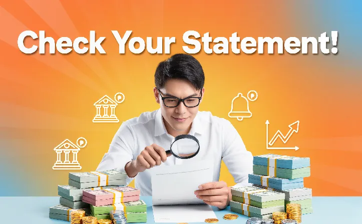 Person reviewing a bank statement with a magnifying glass, surrounded by bills and coins, with bold text ‘Check Your Statement!’ on an orange-blue gradient background and financial icons.