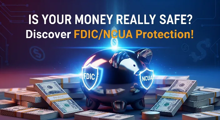 Secure piggy bank with FDIC and NCUA shield icons representing insured savings account and money protection