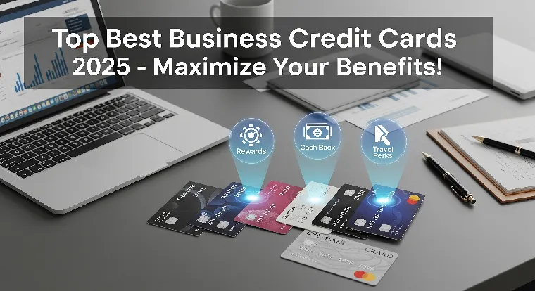 Selection of business credit cards on a desk with laptop and documents, highlighting rewards, cash back, and travel perks for 2025