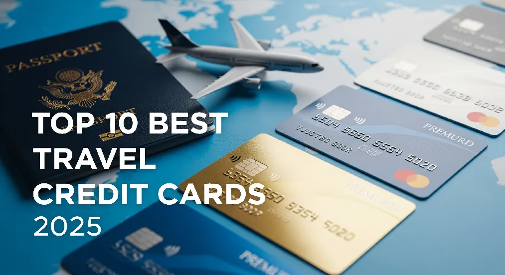 Top 10 Best Travel Credit Cards 2025 – illustration of premium travel credit cards with airplane, passport, and world map background.