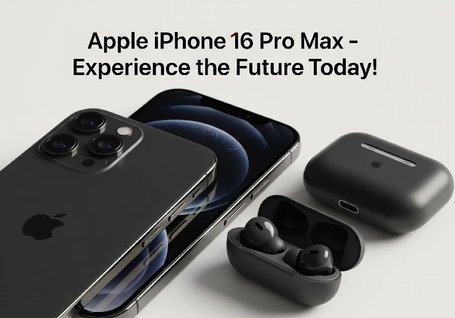 Close-up of Apple iPhone 16 Pro Max in Black Titanium with triple-lens camera, edge-to-edge display, AirPods Pro 2nd Gen Black Titanium, and MagSafe case, with headline text ‘Apple iPhone 16 Pro Max – Experience the Future Today!’ overlayed for a Google Discover thumbnail.