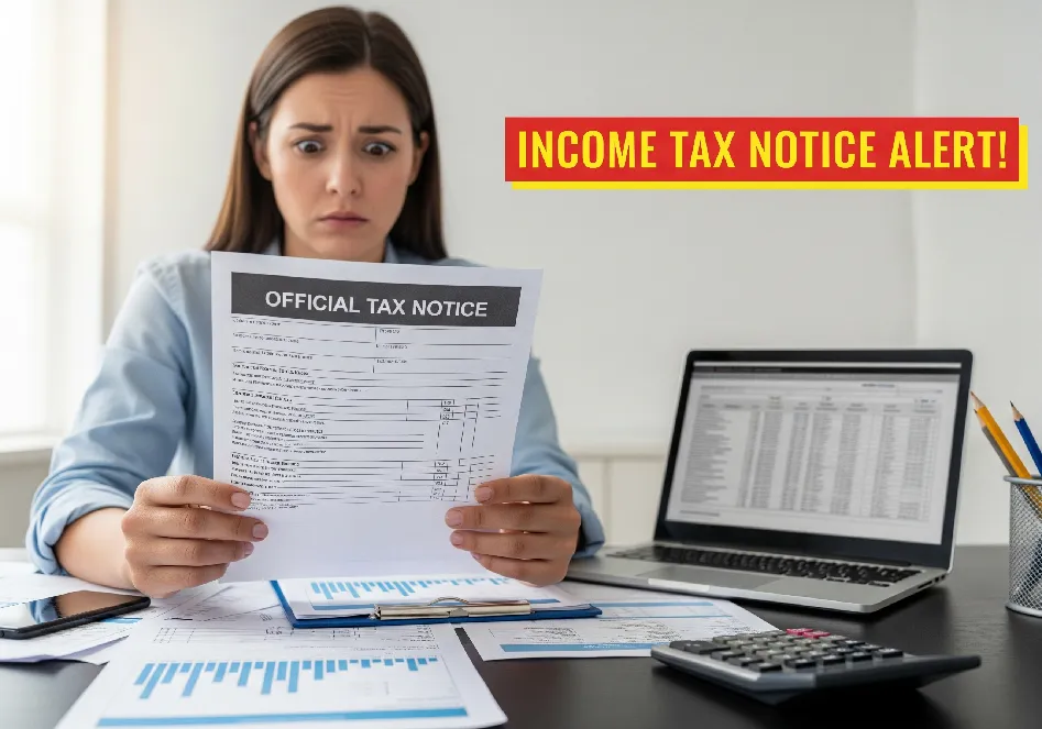 Worried salaried employee reviewing an income tax notice with documents, laptop, and calculator on desk, alert for tax mistakes.