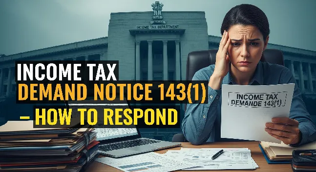 Worried taxpayer holding an Income Tax Demand Notice 143(1) with documents and a laptop on the desk, Income Tax Department building in the background, bold text overlay ‘Income Tax Demand Notice 143(1) – How to Respond