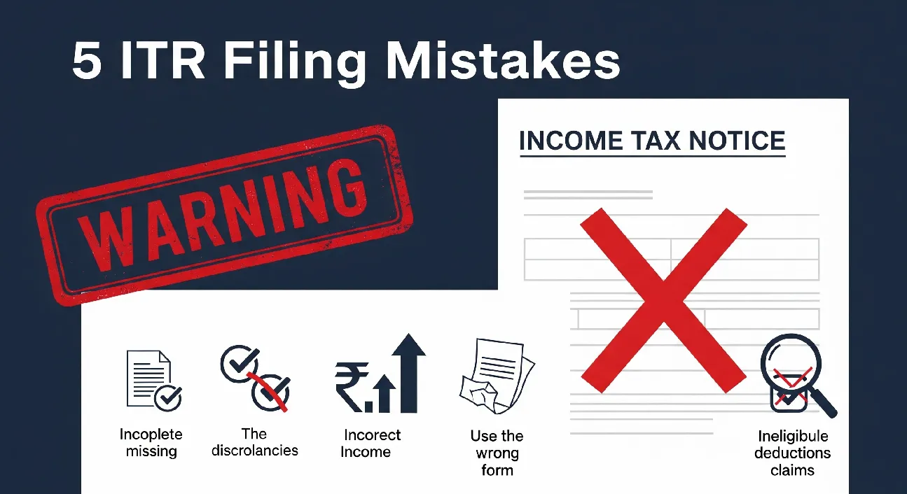 Infographic showing a red WARNING stamp over an Income Tax Notice document crossed out with a red X, illustrating 5 common ITR filing mistakes to avoid.