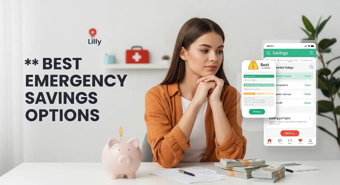 Lilly planning her emergency savings with a piggy bank, cash stacks, and digital savings app interface for unexpected expenses.