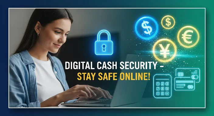 Person making secure online payments with glowing digital cash symbols, credit card, PIN, and lock icons in the background