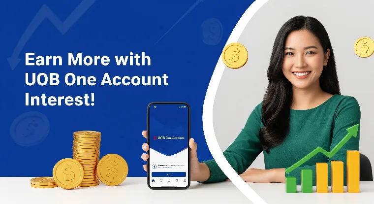 Happy young professional checking UOB One Account app on smartphone with coins and growth arrows showing high interest earnings