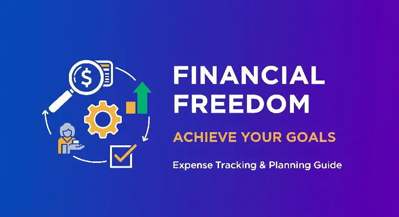 Hand holding a financial ledger or tracking app with money flowing towards a growing plant or ascending chart, symbolizing how expense tracking and smart planning lead to financial growth and achieving goals. Text overlay: 'TRACK. PLAN. ACHIEVE.' and 'Unlock ALL Your Financial Goals'