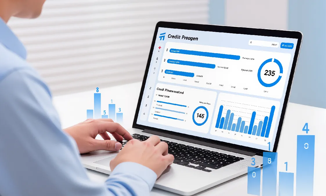 Person reviewing a credit report and FICO score dashboard on a laptop, with charts and numbers illustrating credit score analysis.