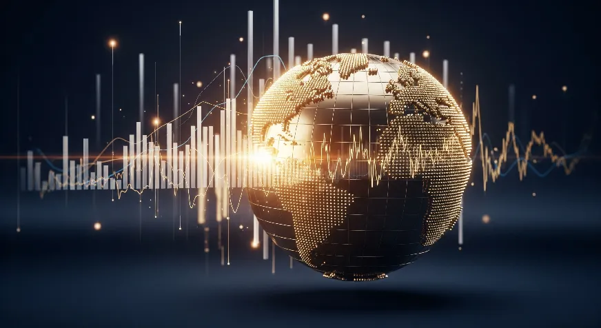 Global financial concept with world map and stock market charts representing international investing.