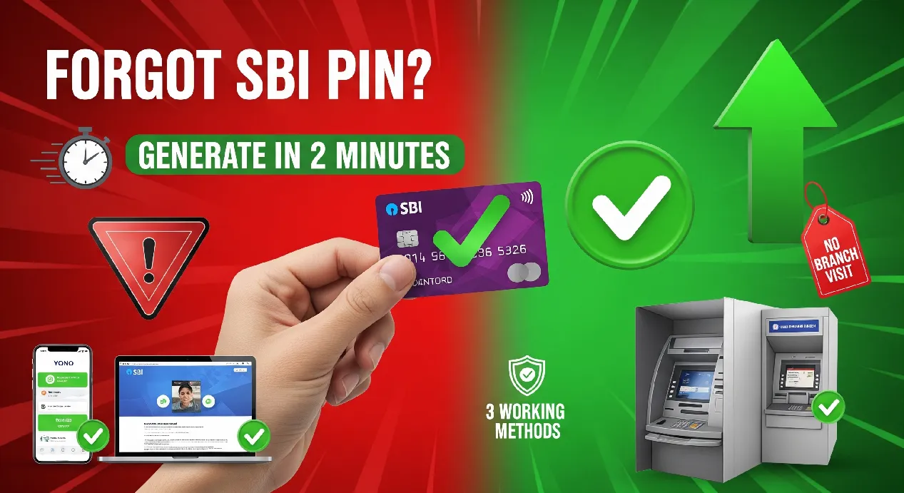 Forgot SBI PIN solution thumbnail - showing SBI debit card with green checkmark, 3 methods to generate ATM PIN in 2 minutes using YONO app, online banking and ATM