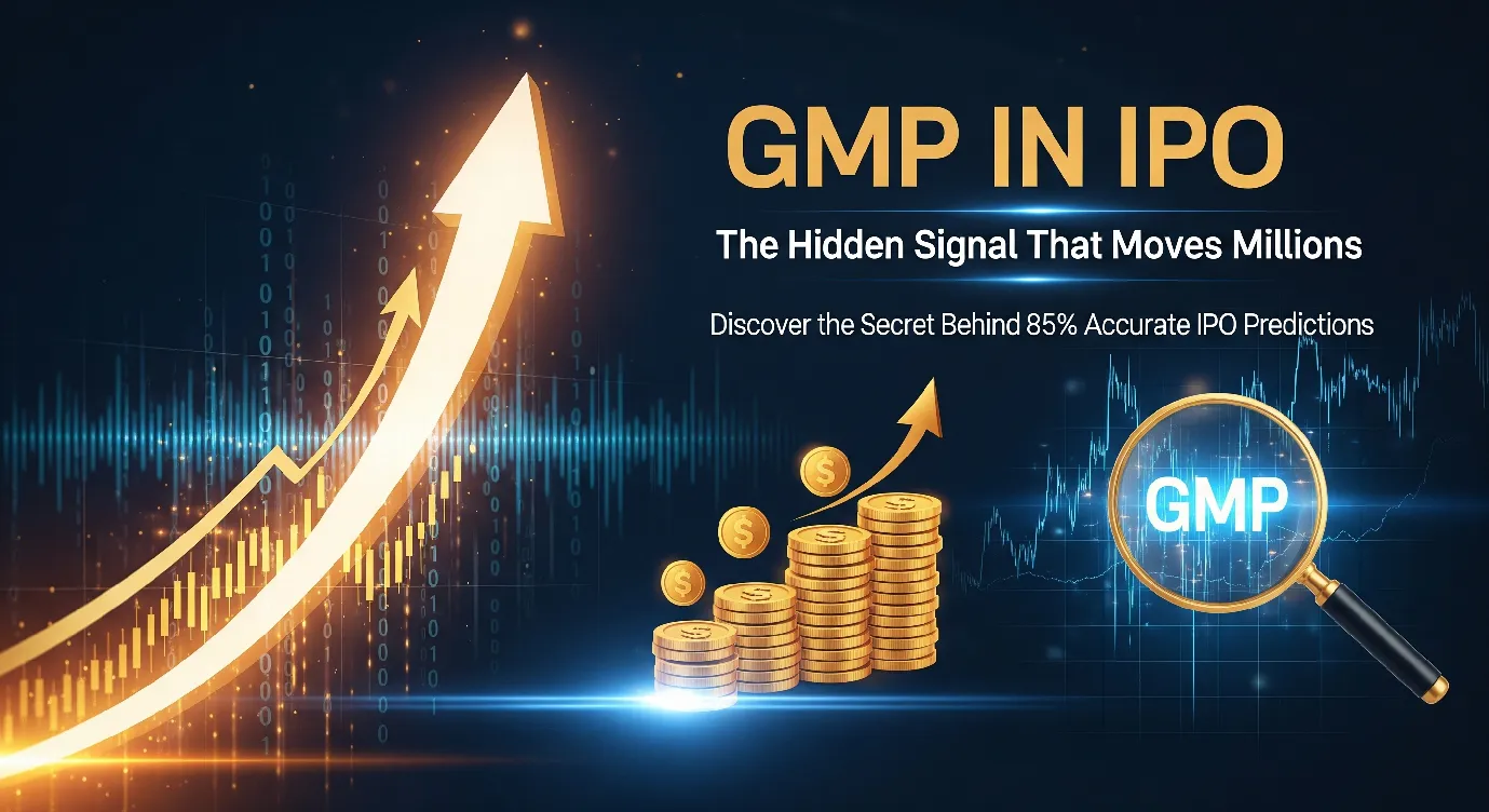 GMP in IPO: Hidden signal revealing stock market chart with upward arrow and magnifying glass showing Grey Market Premium impact on IPO investments