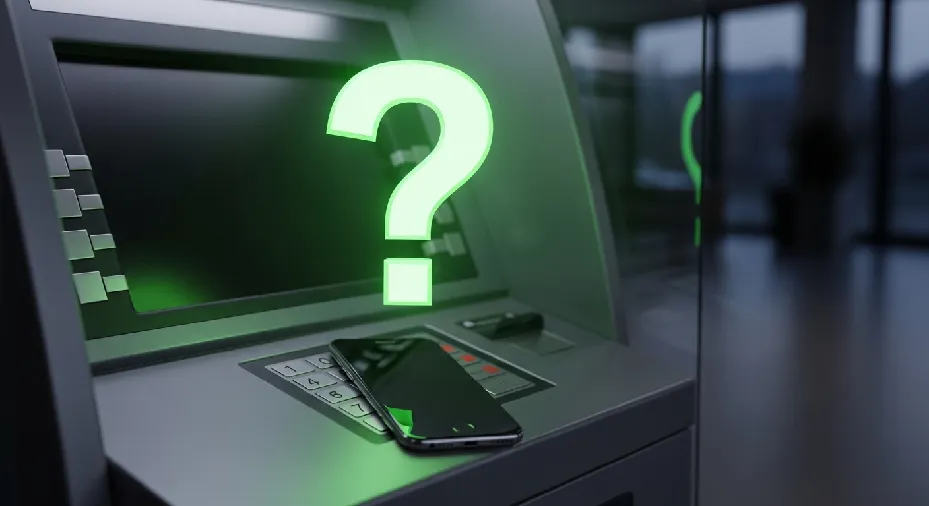 Smartphone beside an ATM with glowing question mark symbolizing Mini Mobile ATM scam or legit review.