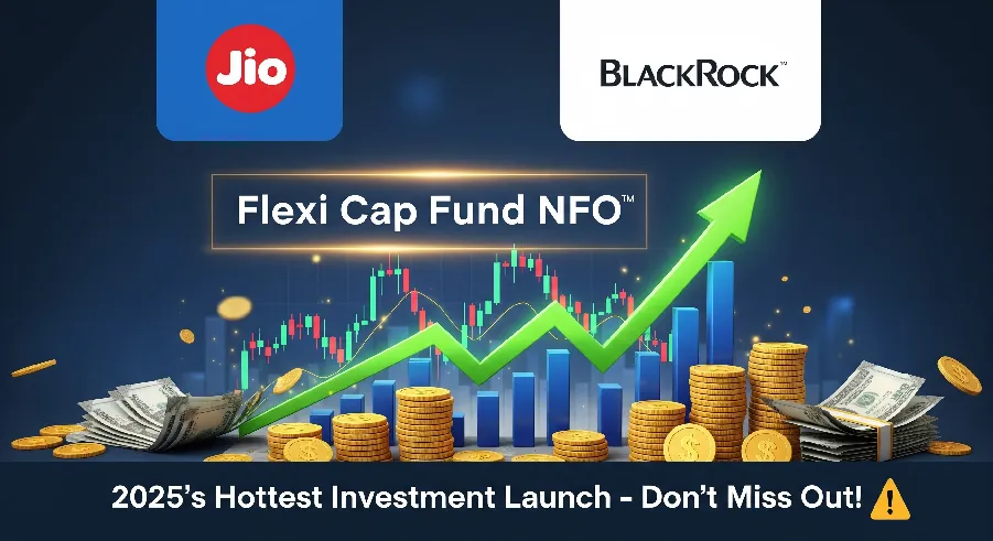 Jio and BlackRock logos with rising stock charts and glowing Flexi Cap Fund NFO text