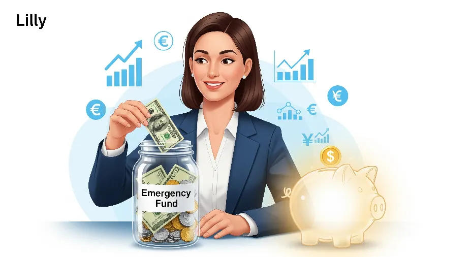 Lilly saving money for emergencies with a glowing piggy bank and financial charts in the background.