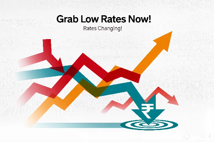 Indian Rupee symbol with a downward arrow signifying low personal loan interest rates, overlaid with an urgent "ACT NOW!" banner.