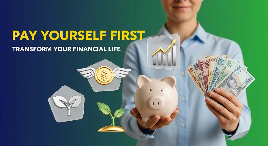 Illustration showing a confident person holding a piggy bank and cash, representing the 'Pay Yourself First' strategy for financial growth and security.