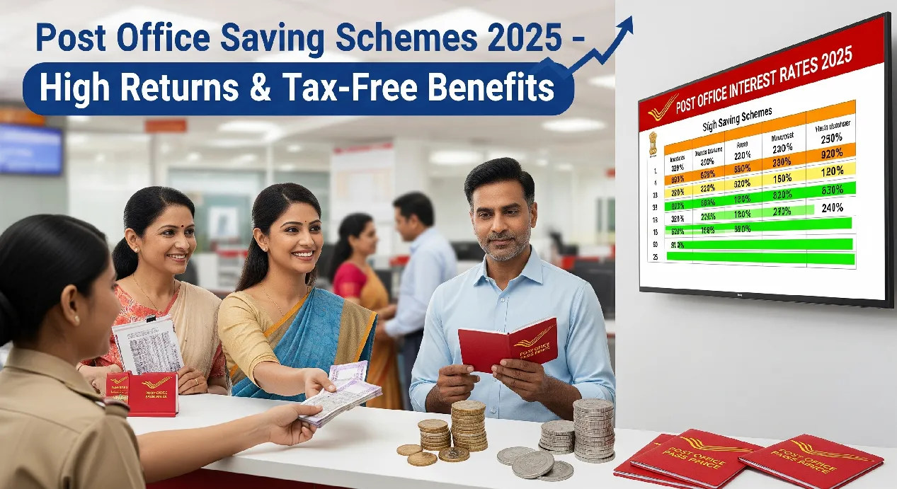 Indian parents depositing money in Post Office Saving Schemes 2025 with passbooks, rupee coins, and digital interest rate chart
