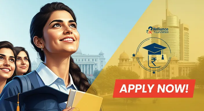Young Indian student looking hopeful with "APPLY NOW!" text, symbolizing the Reliance Foundation Scholarship opportunity for higher education.