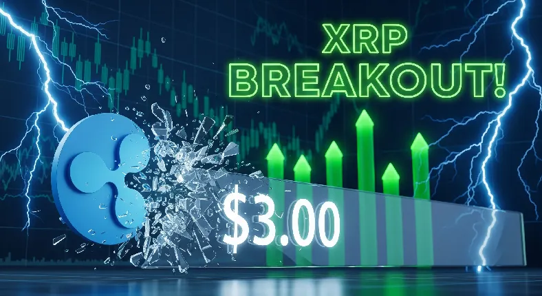 Ripple XRP logo breaking past $3.00 with green price chart and breakout alert