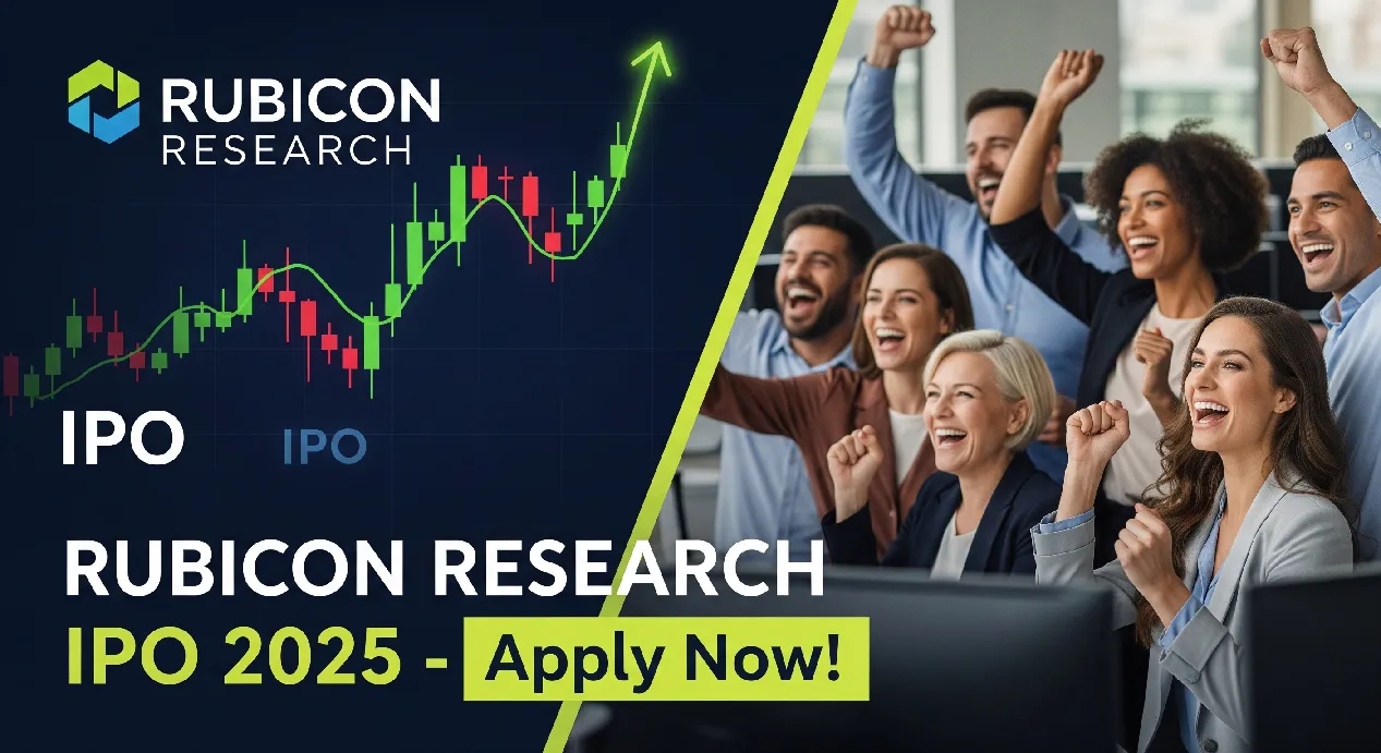 Rubicon Research IPO 2025 launch illustration with company logo, rising stock chart, and investors celebrating