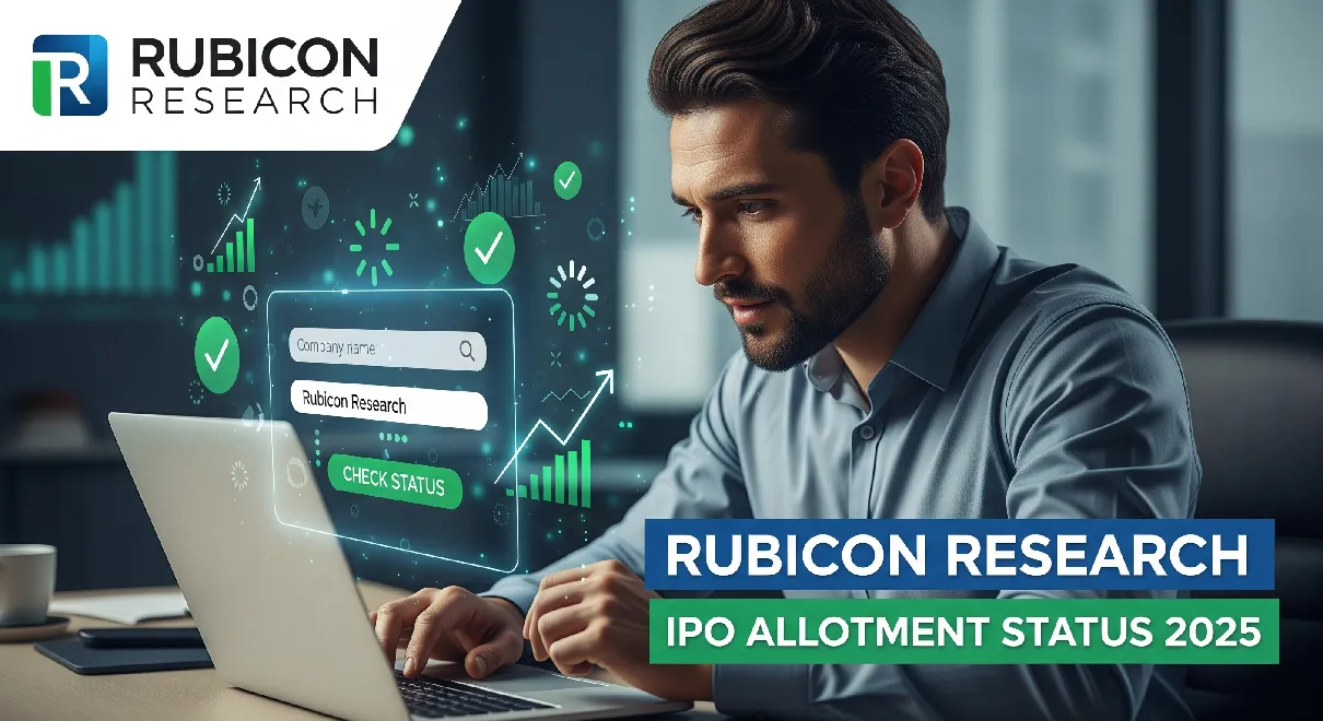 Investor checking Rubicon Research IPO allotment status 2025 online with digital stock background and company logo
