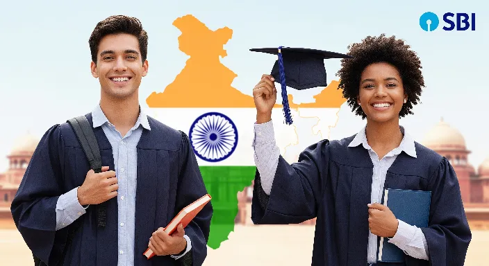 Young, smiling Indian student holding a graduation cap with the SBI logo and subtle Indian map outline in the background, symbolizing the SBI Platinum Jubilee Asha Scholarship and educational opportunity.