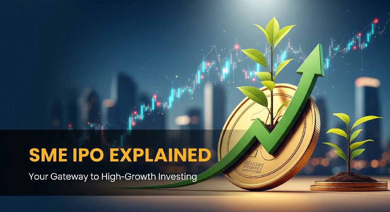 SME IPO Explained - illustration showing a golden coin with green growth arrow and city skyline, representing small business growth and public investment opportunities