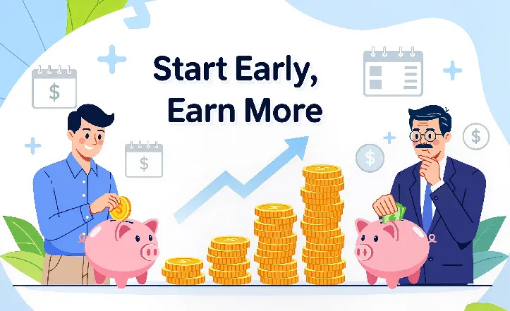 Illustration showing how starting to save early increases wealth through compound interest, with young and older adults and growing stacks of coins.