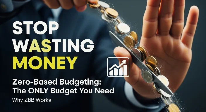 Hand stopping a stream of dollar bills, symbolizing prevention of wasted money with zero-based budgeting. Text overlay: 'STOP WASTING MONEY' and 'Zero-Based Budgeting: The ONLY Budget You Need'.