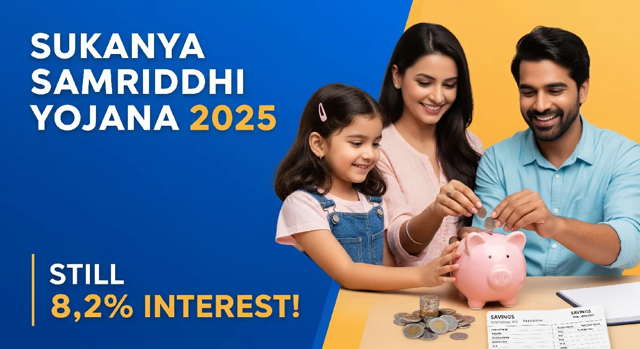 Indian parents saving for daughter’s future under Sukanya Samriddhi Yojana 2025 with piggy bank and rupee coins, 8.2% interest highlighted