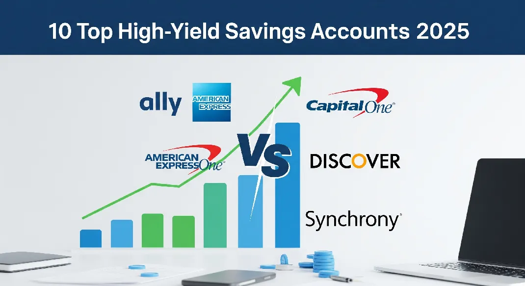 Comparison of top 10 high-yield savings accounts 2025 with bank names and savings growth chart.