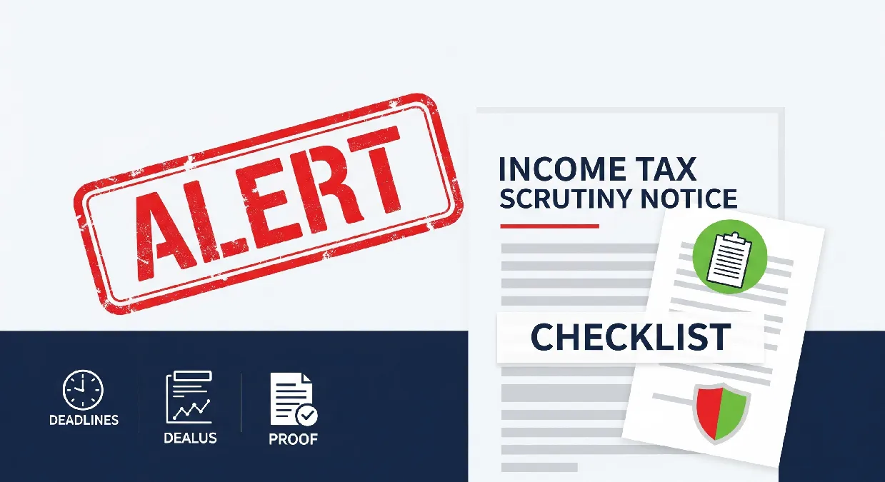 Infographic for an income tax scrutiny notice article, featuring a large red Alert stamp, a green checklist, and icons for a clock, document, and shield on a dark blue background.