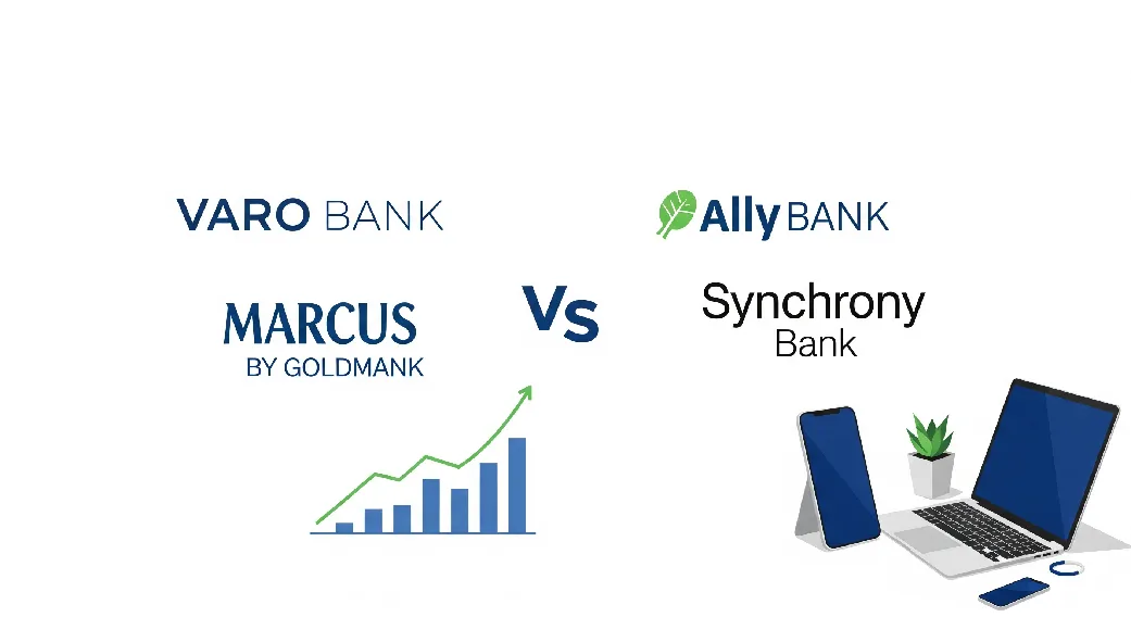 Comparison of Varo, Ally, Marcus, and Synchrony high-yield savings accounts with a simple growth chart.