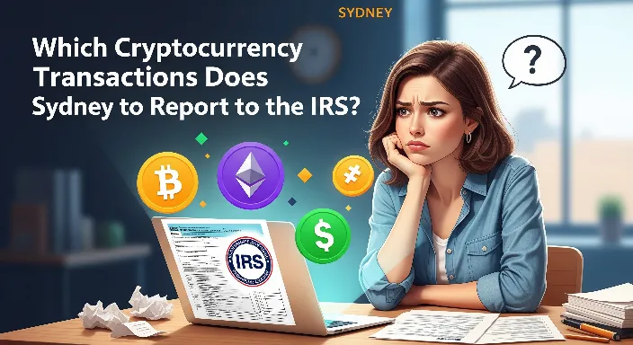 Sydney reviewing her cryptocurrency transactions, including Bitcoin and Ethereum, with IRS forms and laptop on her desk, representing taxable crypto reporting.