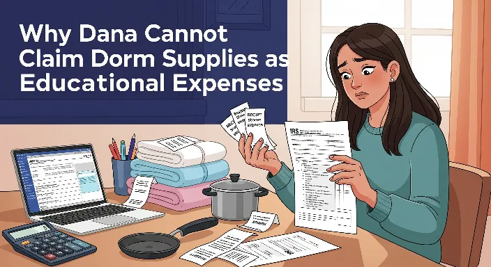 Dana in her dorm room looking at receipts for bed sheets, towels, and cookware, realizing they cannot be claimed as educational expenses on taxes.