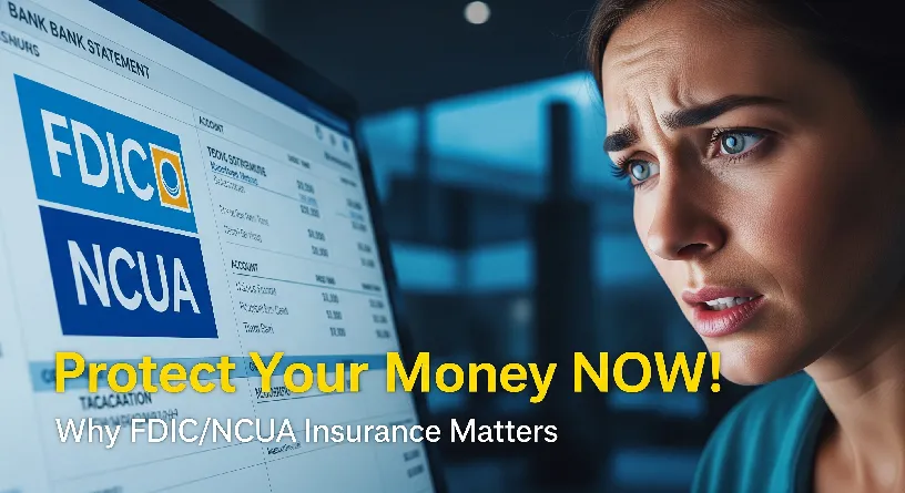 Person reviewing bank account statements with FDIC/NCUA insurance logos – money protection concept